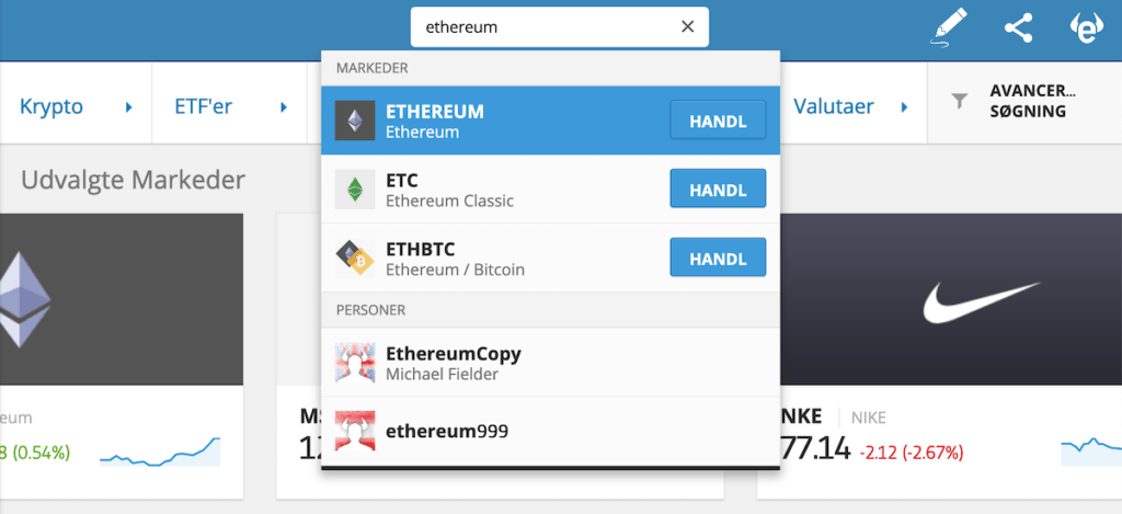 Du kan søge efter Ethereum på eToro