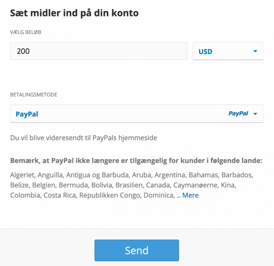 Hos eToro kan du foretage dit indskud med PayPal. Så du kan købe Ethereum med PayPal.