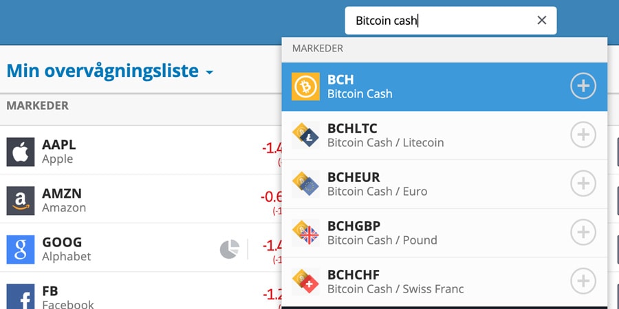Søg efter Bitcoin Cash på eToro.