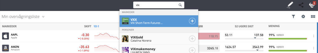 Søg efter et Vix index.