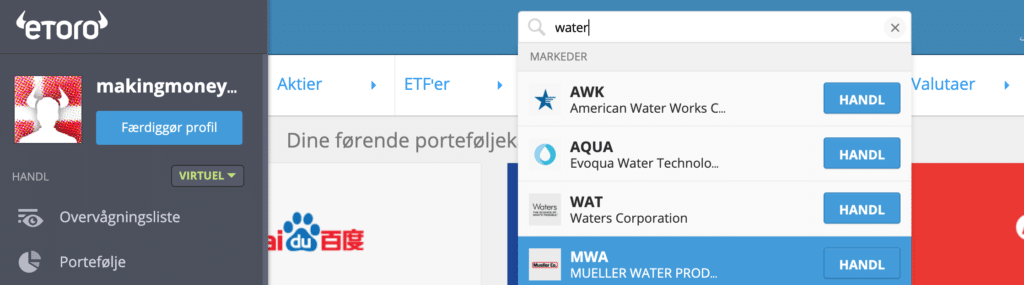 Søg efter water på eToro for at finde virksomheder, som arbejder med vand.