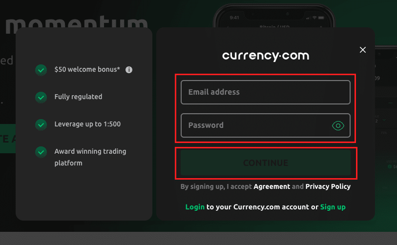 Udfyld email og brugernavn på Currency.com.