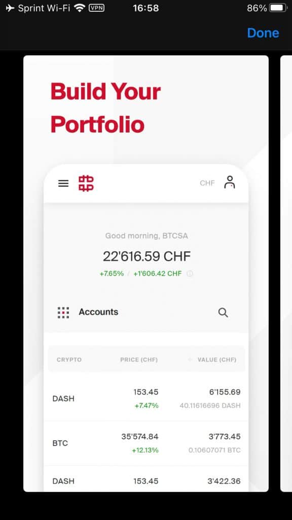 Din portefølje på Bitcoin suisse mobilapp
